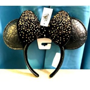 NWT Disney Parks WDW 50th Anniversary Black Gold Faux Leather Minnie Bow Ears